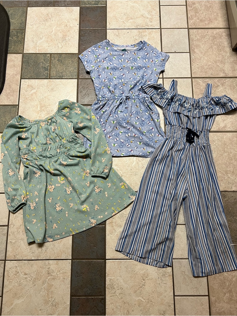 Girls' Blue Floral Dress, Green Floral Dress & Blue Striped Jumpsuit Bundle